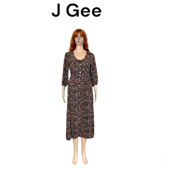 J Gee Black Red Ditsy Floral Button-Up 3/4 Sleeve Midi Boho Dress Medium Petite - Picture 1 of 12